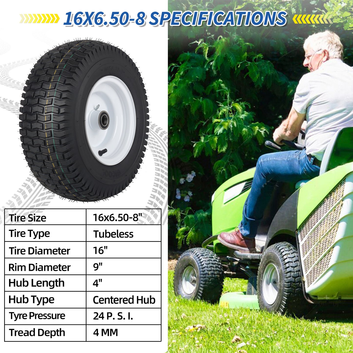 16x6.50-8 Lawn Mower Tubeless Tires, 1" Bearing, 4" Centered Hub