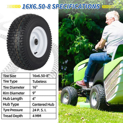 16x6.50-8 Lawn Mower Tubeless Tires, 1" Bearing, 4" Centered Hub