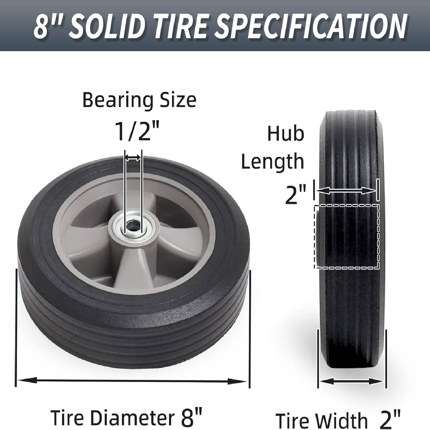 8" x 2" Solid Rubber Flat-Free Tire and wheel, with Ball Bearings and 1/2” Axle Bore Hole, 2" Offset Hub, For Hand Truck Dolly Trolley Garden Wagon Cart Generator Replacement Tire (2 Pack)