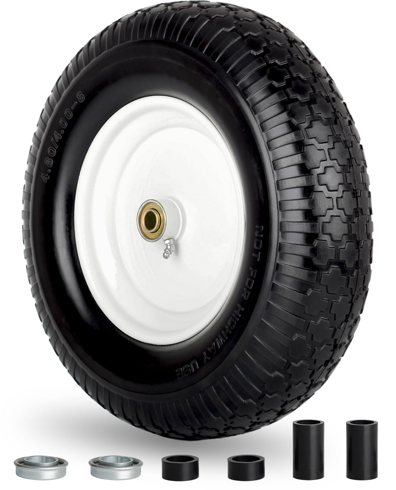 4.80/4.00-8" Wheelbarrow Tire, 16" Flat-Free Solid Tire and Wheel, 3-6" Centered Hub, 5/8" & 3/4" Bearing, For Broadcast Spreader Garden Wagon Cart Trolley Dolly Lawn Mover (1 Pack)
