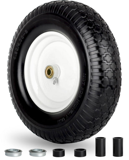 4.80/4.00-8" Wheelbarrow Tire, 16" Flat-Free Solid Tire and Wheel, 3-6" Centered Hub, 5/8" & 3/4" Bearing, For Broadcast Spreader Garden Wagon Cart Trolley Dolly Lawn Mover (1 Pack)
