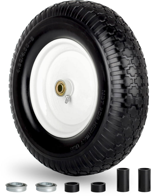 4.80/4.00-8" Wheelbarrow Tire, 16" Flat-Free Solid Tire and Wheel, 3-6" Centered Hub, 5/8" & 3/4" Bearing, For Broadcast Spreader Garden Wagon Cart Trolley Dolly Lawn Mover (1 Pack)
