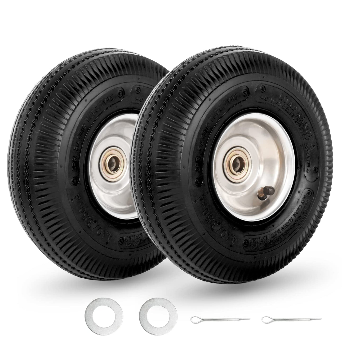 10" Tire and Wheel, 2 Pack, 4.10/3.50-4 Pneumatic Tire, with 2.25" Offset Hub, 5/8" Axle Bore Hole, Sealed Bearings for Hand Truck Trolley Dolly Garden Wagon Wheel Replacement