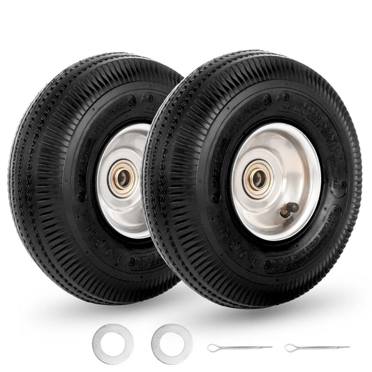 10" Tire and Wheel, 2 Pack, 4.10/3.50-4 Pneumatic Tire, with 2.25" Offset Hub, 5/8" Axle Bore Hole, Sealed Bearings for Hand Truck Trolley Dolly Garden Wagon Wheel Replacement