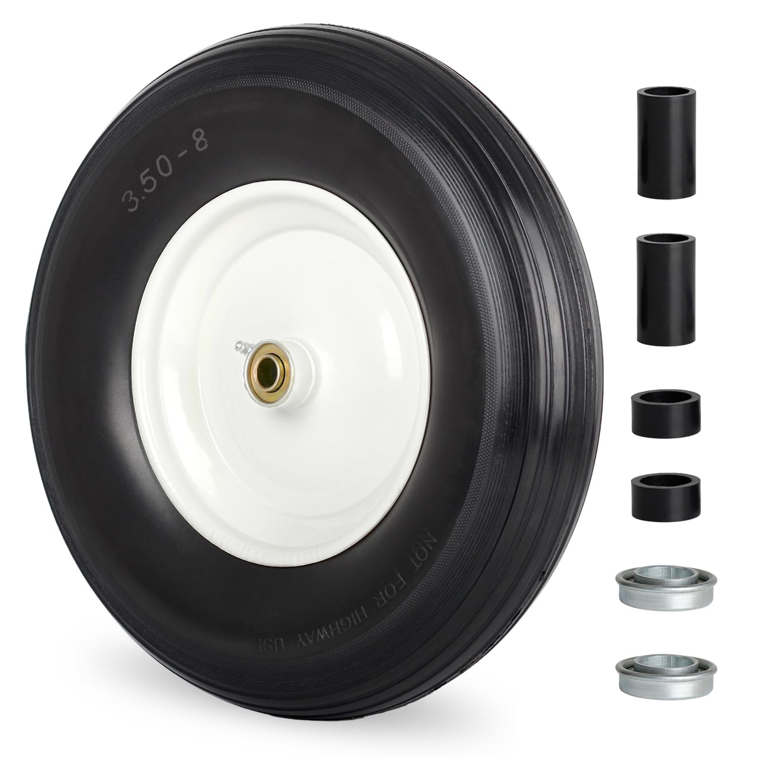 14.5" Wheelbarrow Flat Free Tire, Fits 4.80/4.00-8, 3.50/2.50-8, 4.00-6, 4.00-8, Wheelbarrow Wheels, 5/8" Bearing with Extra 3/4" Bearing, 3" -6" Centered Hub