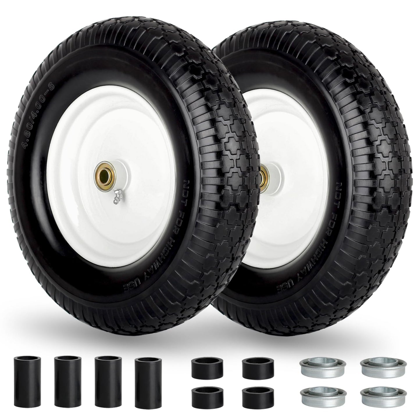 4.80/4.00-8" Wheelbarrow Tire, 16" Flat-Free Solid Tire and Wheel, 3" Centered Hub, 5/8" Axle Bore Hole,for Garden Wagon Cart Trolley Dolly Replacement(2 Pack)