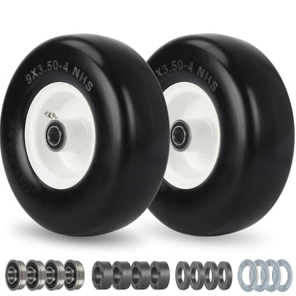 9x3.50-4 Flat Free Lawn Mower Tire and Wheel, Smooth Tread Tire for Zero Turn Mowers, 3/4" Bearing, Extra 5/8" Bearing, 3.5"-4"-4.5"-5" Centered Hub