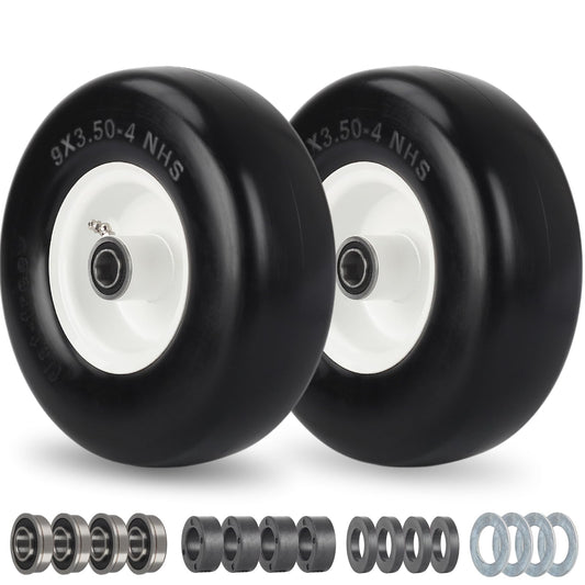 9x3.50-4 Flat Free Lawn Mower Tire and Wheel, Smooth Tread Tire for Zero Turn Mowers, Installed 3/4" Bearing with Extra 5/8" Bearing, 3.5"-4"-4.5"-5" Centered Hub, 2 (Pack)
