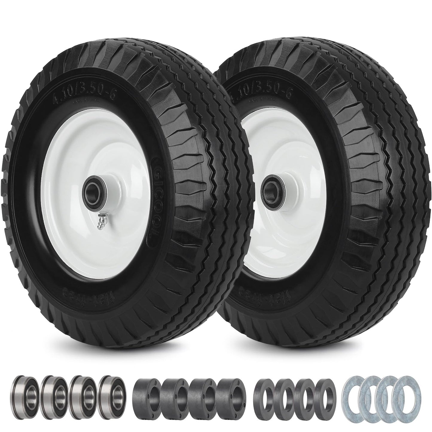 4.10/3.50-6 Flat Free Tire and Wheel, with 3"-3.5''-4.0''-4.5'' Centered Hub, and 3/4" & 5/8" Bearings, Replacement for Lawn Mower, Hand Truck/All Purpose Utility Tire on Wheel, (2 Pack)