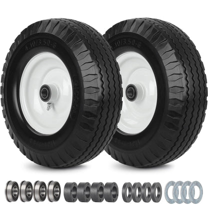 4.10/3.50-6 Flat Free Tire and Wheel, with 3"-3.5''-4.0''-4.5'' Centered Hub, and 3/4" & 5/8" Bearings, Replacement for Lawn Mower, Hand Truck/All Purpose Utility Tire on Wheel, (2 Pack)