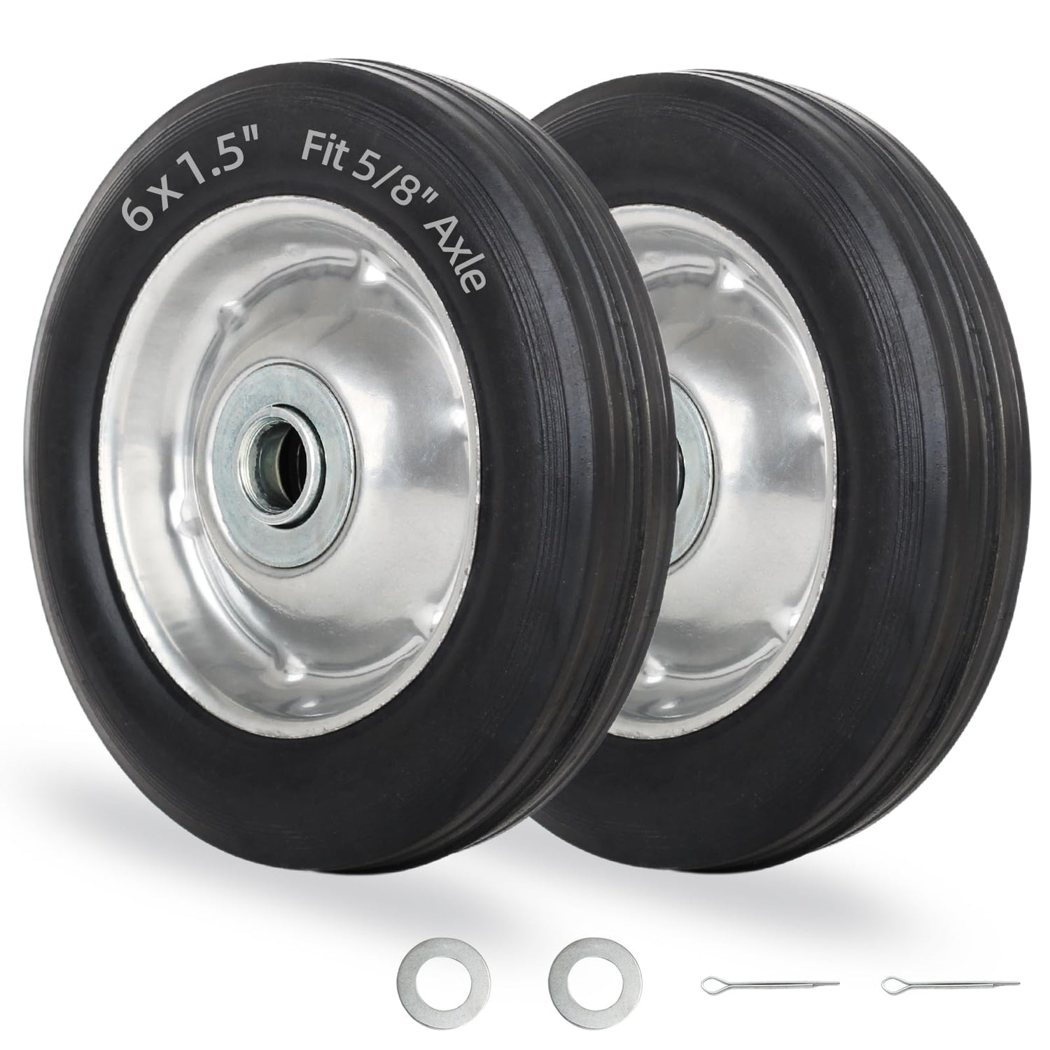 6" Flat Free Solid Rubber Tire and Wheel, with Ball Bearings and 5/8” Axle Bore Hole, 1.3" Centered Hub，2 (Pack)