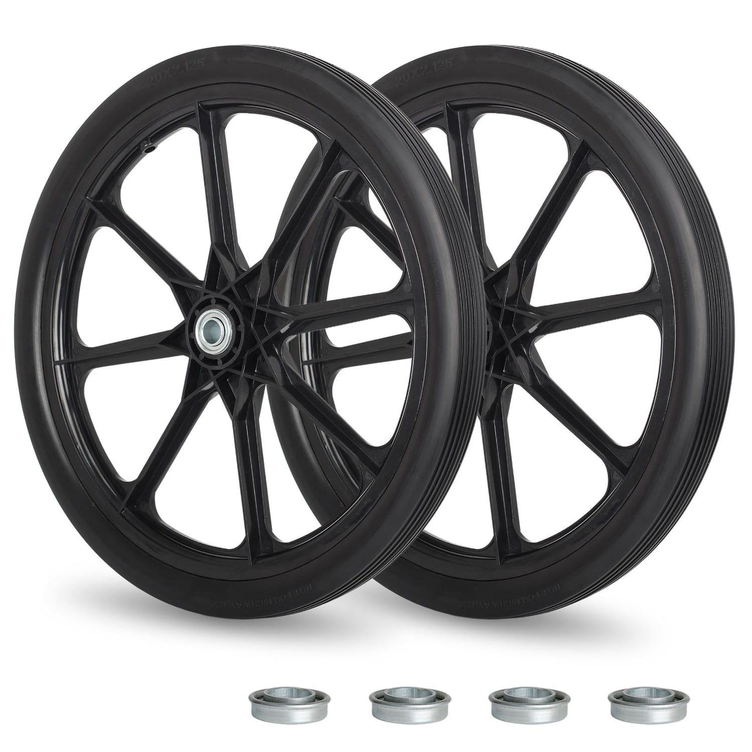 20" Flat Free Tire and Wheel, with 3/4" & 5/8" Bearing, 2.45" Centered Hub, Replacement Wheel For Rubbermaid Wheelbarrow, Garden Yard Cart, 2(pack)