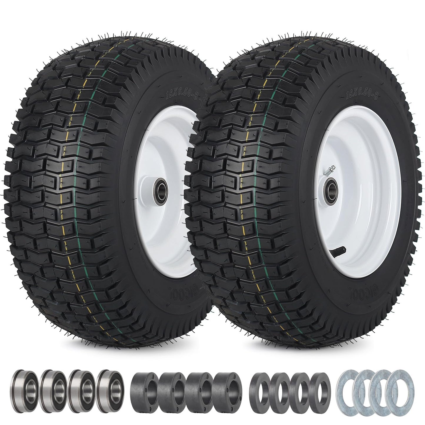 16x6.50-8 Tubeless Tire and Wheel, 16x6.5-8" Lawn Mower Tires, 3"-4.5" Offset Hub, 3/4" or 5/8" Bearing, Universal Fit Riding Mower and Garden Tractor Front Wheels, 4 Ply, Turf Pattern, 2 Pack