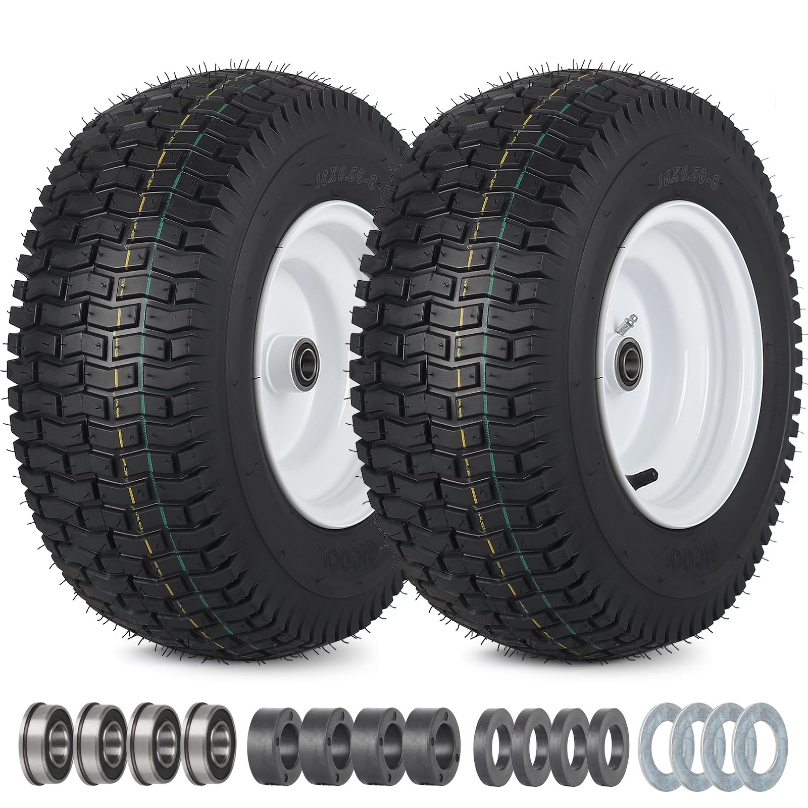 16x6.50-8 Tubeless Tire and Wheel, 16x6.5-8" Lawn Mower Tires, 3"-4.5" Offset Hub, 3/4" or 5/8" Bearing, Universal Fit Riding Mower and Garden Tractor Front Wheels, 4 Ply, Turf Pattern, 2 Pack