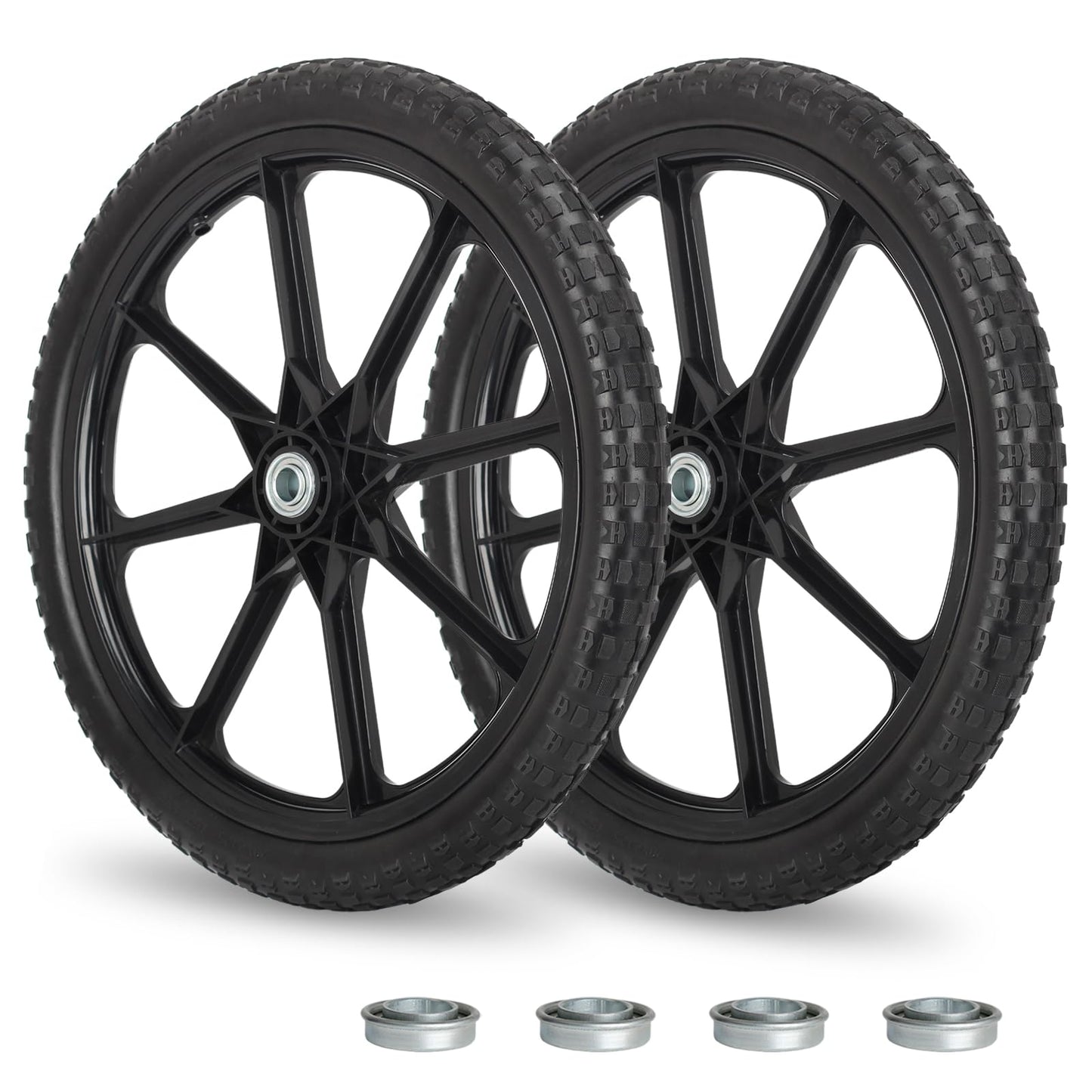 20" Flat Free Tire and Wheel, with 3/4" &amp; 5/8" Bearing, 2.45" Centered Hub, Replacement Wheel For Rubbermaid Wheelbarrow, Garden Yard Cart, 2 (Pack)
