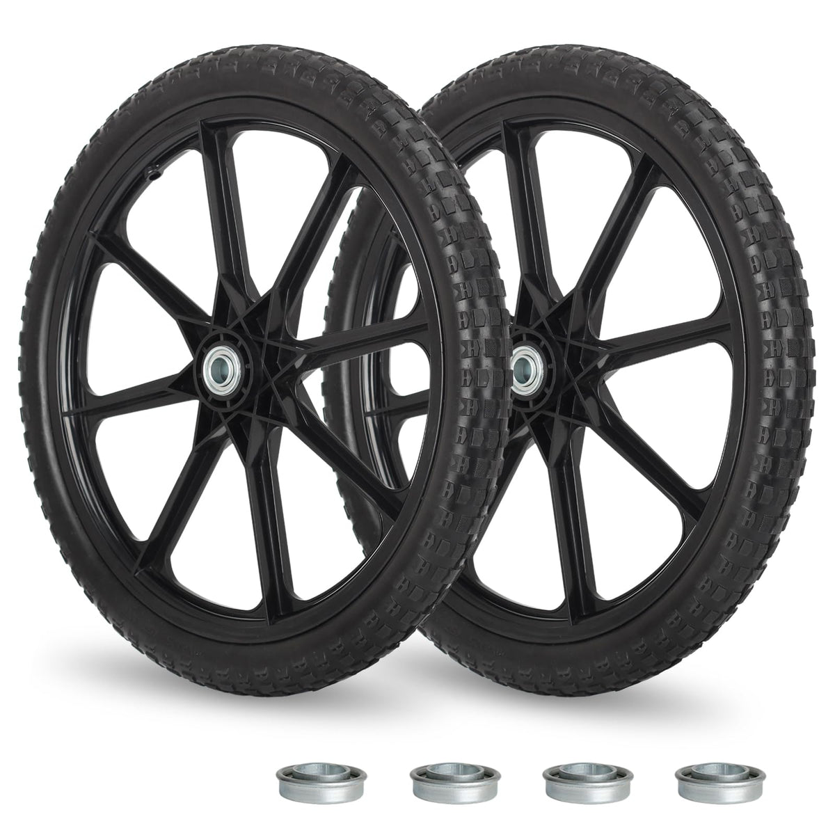 20" Flat Free Tire and Wheel, with 3/4" &amp; 5/8" Bearing, 2.45" Centered Hub, Replacement Wheel For Rubbermaid Wheelbarrow, Garden Yard Cart, 2 (Pack)