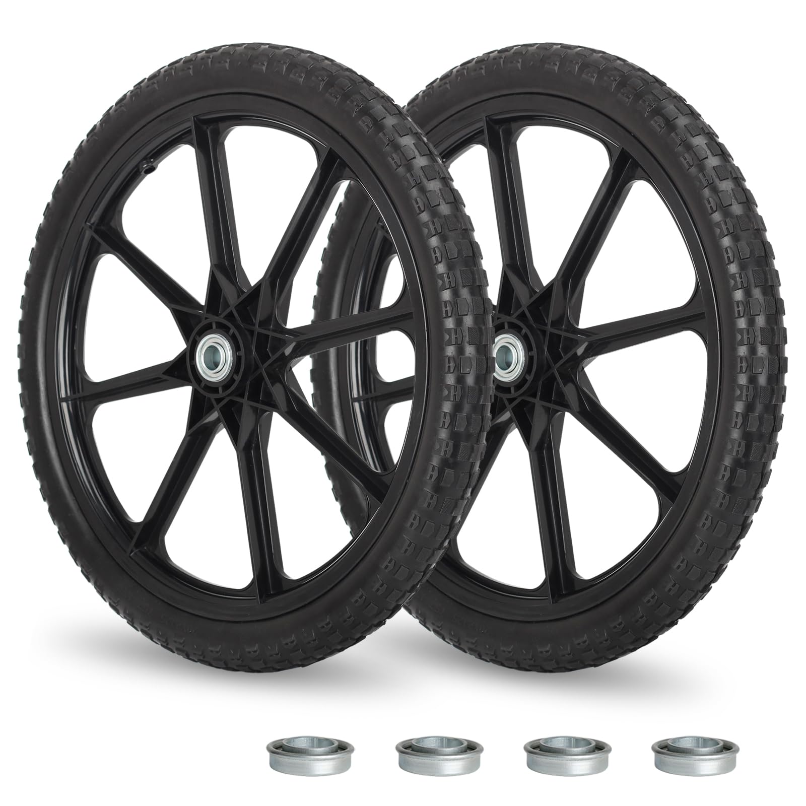 20" Flat Free Tire and Wheel, with 3/4" &amp; 5/8" Bearing, 2.45" Centered Hub, Replacement Wheel For Rubbermaid Wheelbarrow, Garden Yard Cart, 2 (Pack)