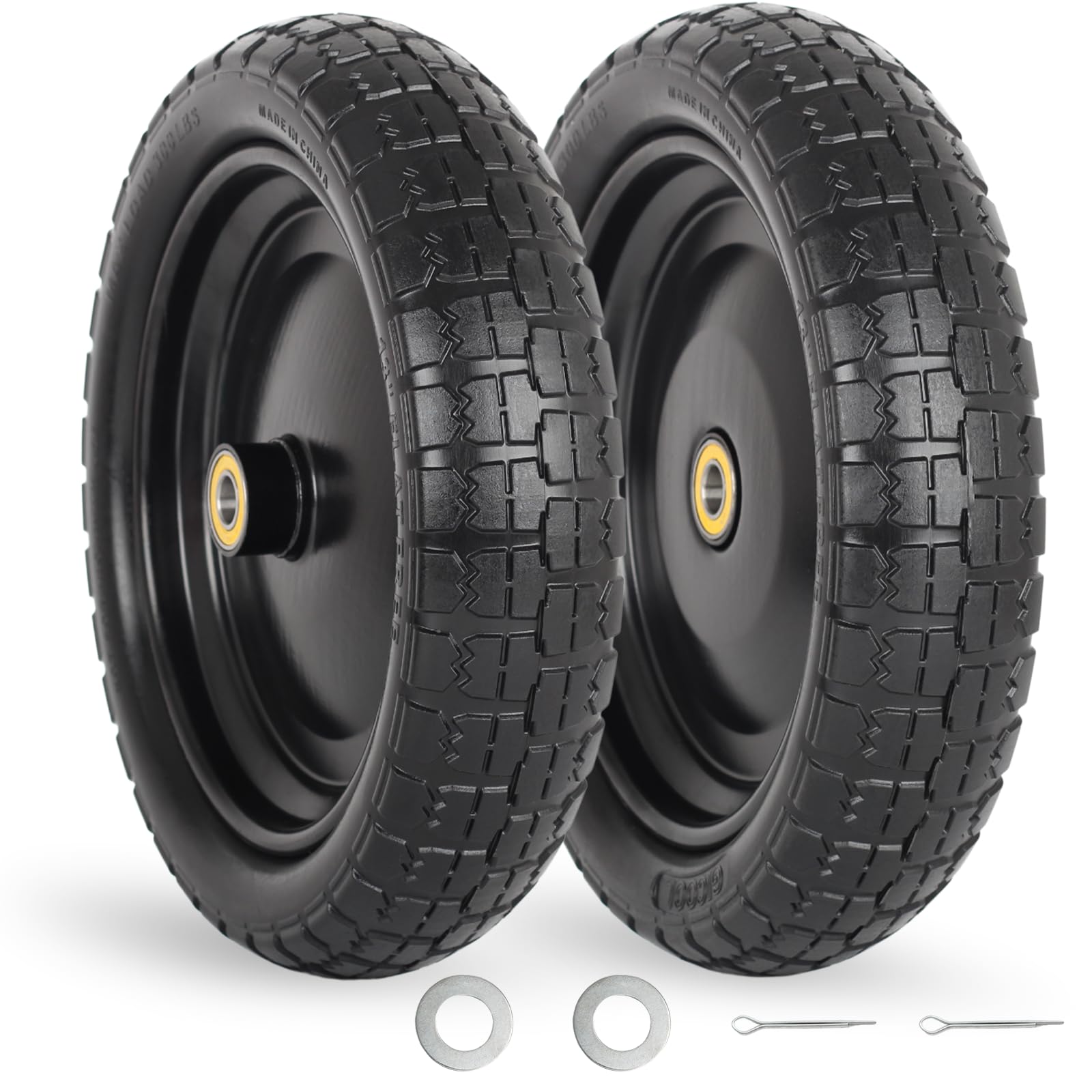 13" Flat-free Solid Tire and Wheel, 4.00-6 Wheelbarrow tire with 5/8" Axle Bore Hole, 2.2" Offset Hub, Compatible with Garden Wagon Trolley Dolly, (2 Pack)