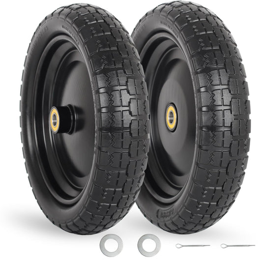 13" Flat-free Solid Tire and Wheel, 4.00-6 Wheelbarrow tire with 5/8" Axle Bore Hole, 2.2" Offset Hub, Compatible with Garden Wagon Trolley Dolly, (2 Pack)