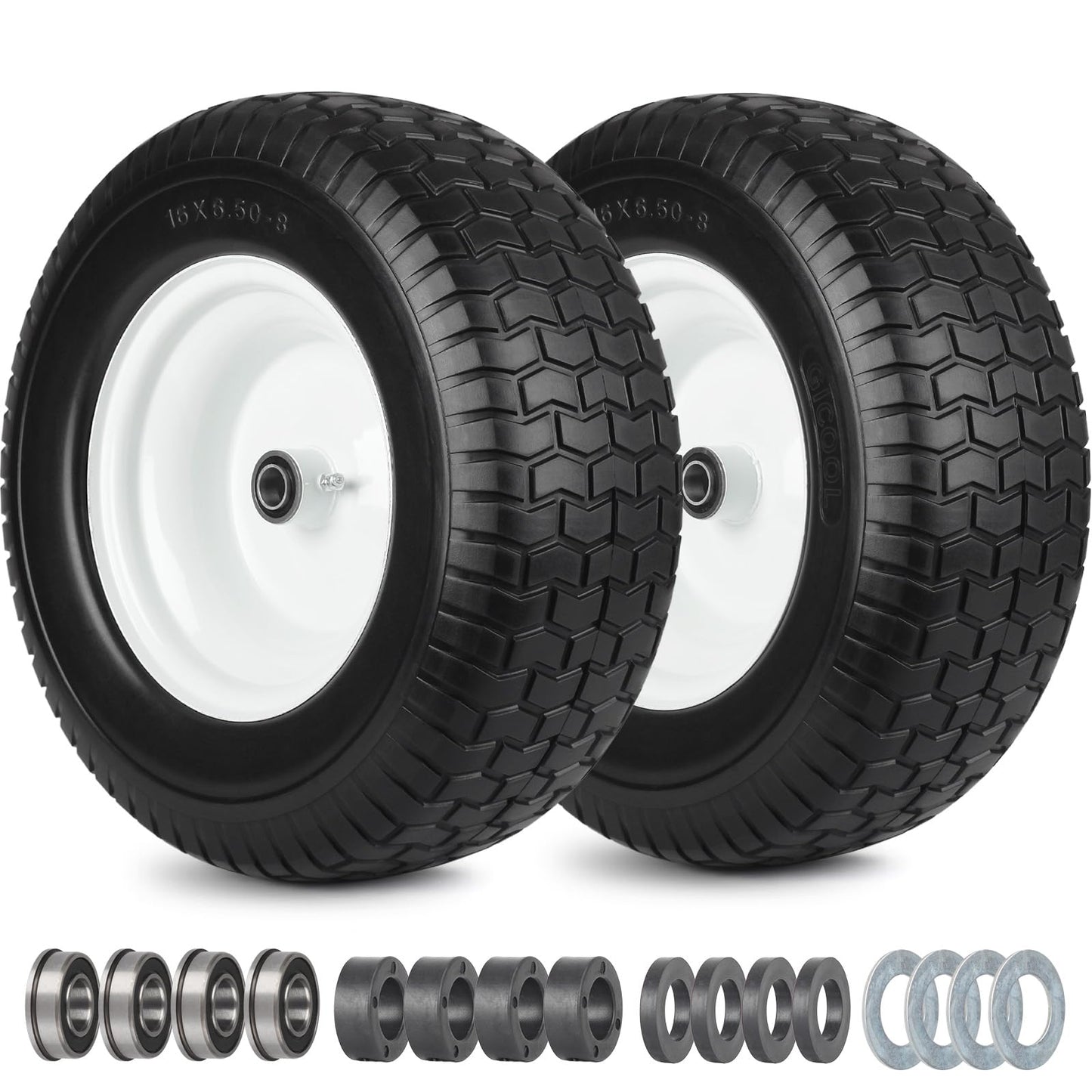 16x6.50-8 Flat Free Riding Lawn Mower Tire and Wheel, 2 Pcs 16x6.5-8nhs Garden Tractor Lawnmower Tyre, with 3/4" & 5/8" Bearing, 3" -4.5" Centered Hub