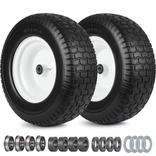 16x6.50-8 Flat Free Riding Lawn Mower Tire and Wheel, 2 Pcs 16x6.5-8nhs Garden Tractor Lawnmower Tyre, with 3/4" & 5/8" Bearing, 3" -4.5" Centered Hub