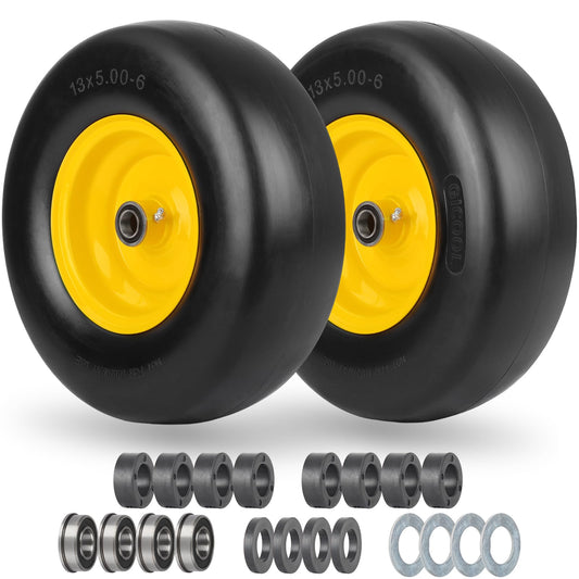 13x5.00-6 Flat Free Lawn Mower Tire and Wheel, Smooth Tread Tire for Lawnmower, Installed 3/4" Bearing with Extra 5/8" Bearing, 3.25"-5.9" Centered Hub, 2 Packs