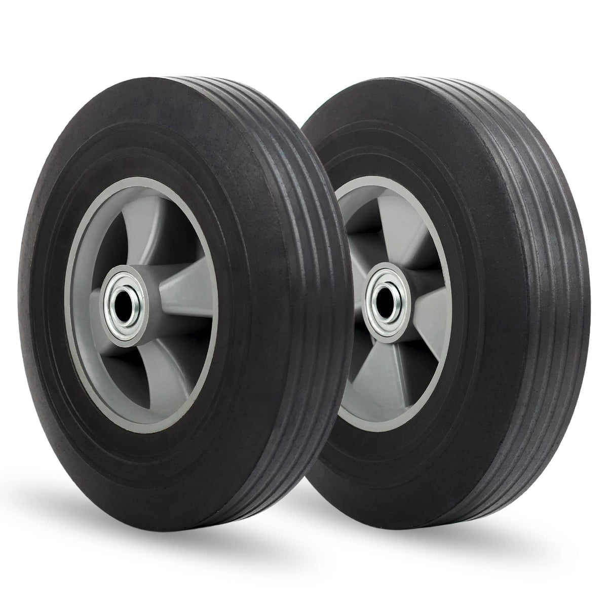 10" x 2.5" Flat-Free Solid Rubber Tire and Wheel 5/8" Axle Bore Hole, 2 1/4" Offset Hub, Replacement 4.10/3.50-4" for Hand Truck Dolly Trolley Garden Wagon Cart Generator, 2（Pack）