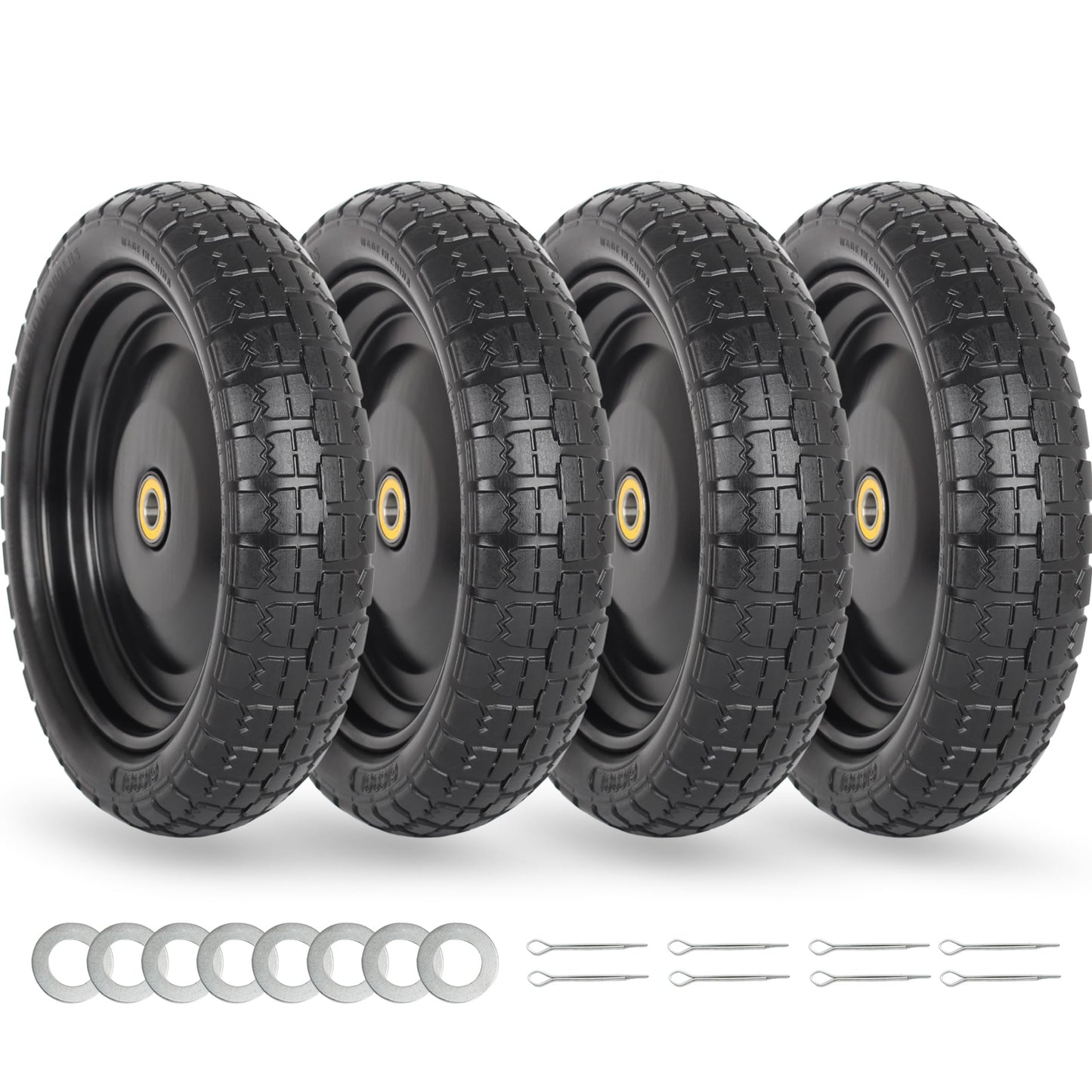 13" Flat-free Solid Tire and Wheel Replacement, with 5/8" Axle Bore Hole, 2.2" Offset Hub for Wheelbarrow Garden Wagon Trolley Dolly (4 pack)