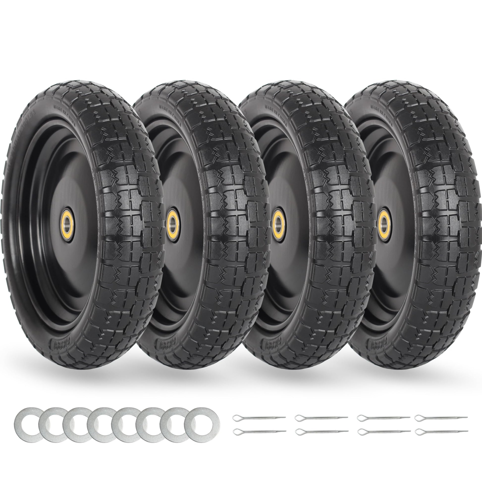 13" Flat-free Solid Tire and Wheel Replacement, with 5/8" Axle Bore Hole, 2.2" Offset Hub for Wheelbarrow Garden Wagon Trolley Dolly (4 pack)