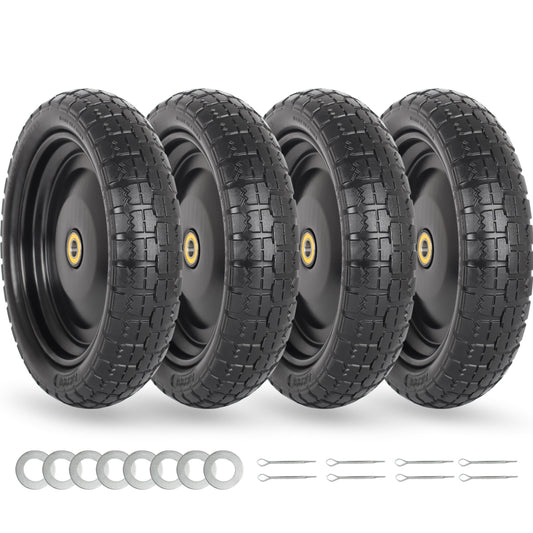 13" Flat-free Solid Tire and Wheel Replacement, with 5/8" Axle Bore Hole, 2.2" Offset Hub for Wheelbarrow Garden Wagon Trolley Dolly (4 pack)