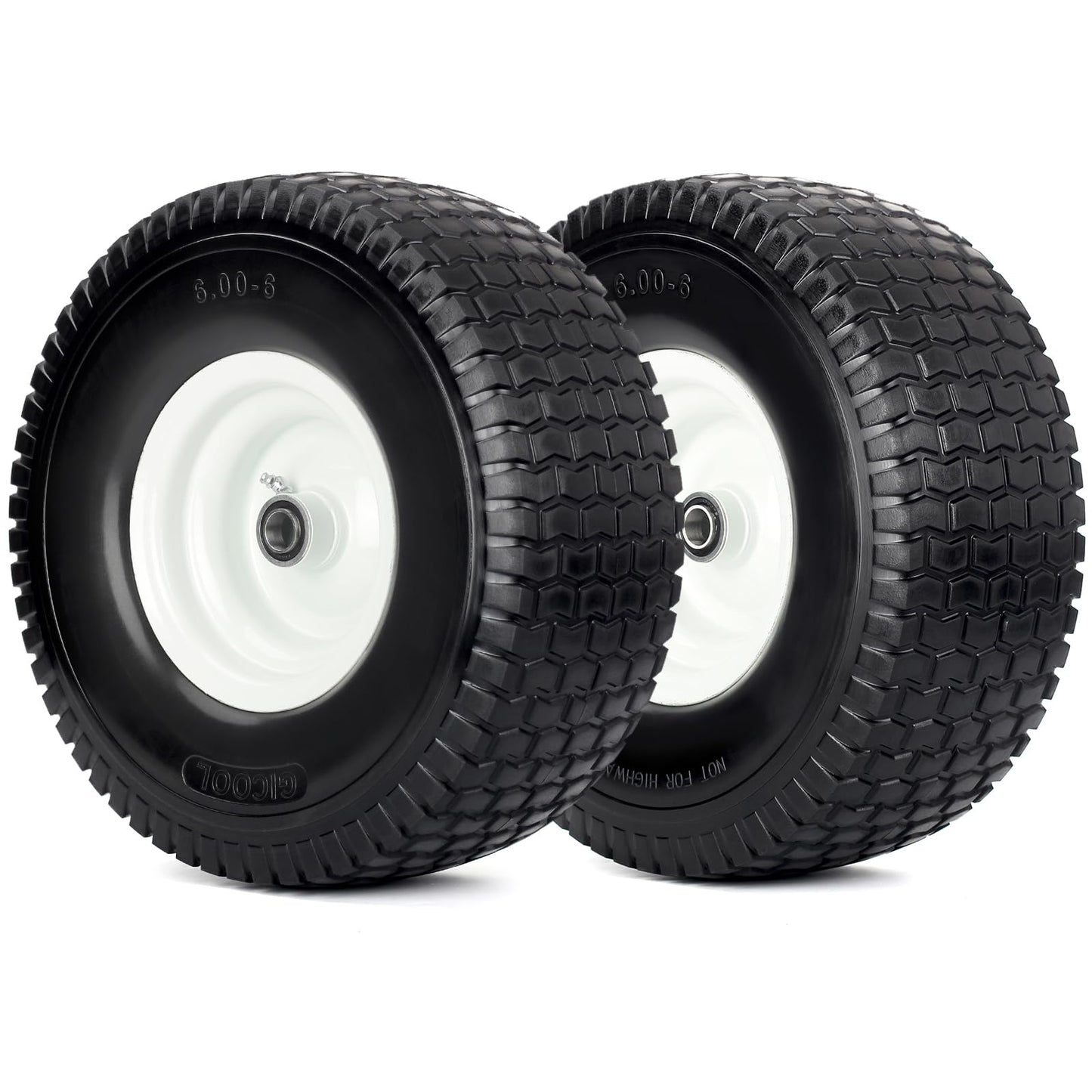 15x6.00-6 Flat Free Lawn Mower Tire and Wheel, 15x6-6nhs Riding Mowers Lawn Tire and Wheel with 3/4" Bearing, 3" Centered Hub, 2 Pack