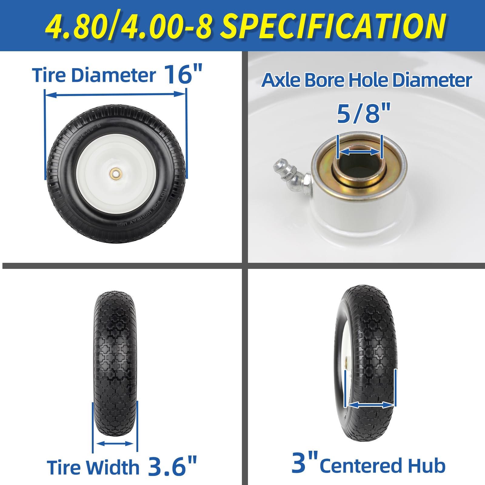 4.80/4.00-8" Wheelbarrow Tire, 16" Flat-Free Solid Tire and Wheel, 3-6" Centered Hub, 5/8" & 3/4" Bearing, For Broadcast Spreader Garden Wagon Cart Trolley Dolly Lawn Mover (1 Pack)
