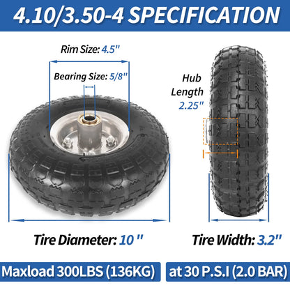 4.10/3.50-4" Tire and Wheel, 10" Pneumatic Tire, with 2.25" Offset Hub, 5/8" Axle Bore Hole, Sealed Bearings, for Hand Truck Trolley Dolly Garden Wagon Cart Wheel Replacement(2 Pack)