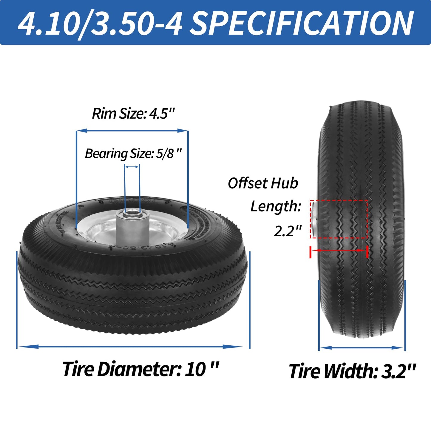 10" Tire and Wheel, 2 Pack, 4.10/3.50-4 Pneumatic Tire, with 2.25" Offset Hub, 5/8" Axle Bore Hole, Sealed Bearings for Hand Truck Trolley Dolly Garden Wagon Wheel Replacement