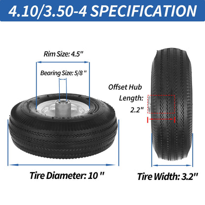 10" Tire and Wheel, 2 Pack, 4.10/3.50-4 Pneumatic Tire, with 2.25" Offset Hub, 5/8" Axle Bore Hole, Sealed Bearings for Hand Truck Trolley Dolly Garden Wagon Wheel Replacement
