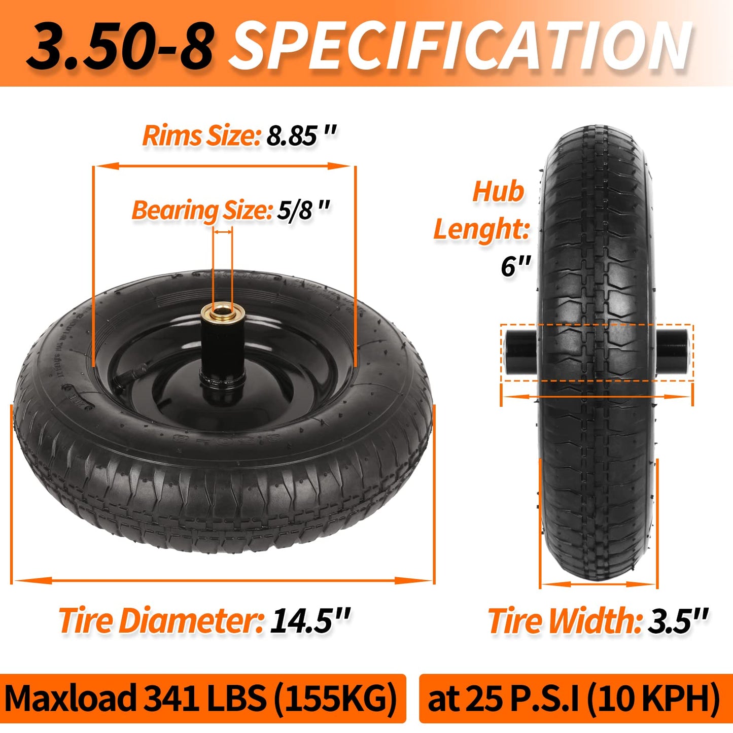 14.5" Wheelbarrow Tire, 3.50-8” Pneumatic Tire, Universal Wheelbarrow Wheel for 4.80/4.00-8”, 4.00-6”, and 2.50-8”, with 6" Centered Hub, 5/8" Axle Bore Hole, Sealed Bearings（1 Pack）
