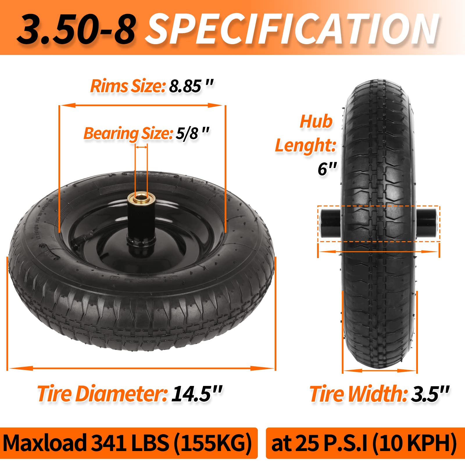 14.5" Wheelbarrow Tire, 3.50-8” Pneumatic Tire, Universal Wheelbarrow Wheel for 4.80/4.00-8”, 4.00-6”, and 2.50-8”, with 6" Centered Hub, 5/8" Axle Bore Hole, Sealed Bearings（1 Pack）