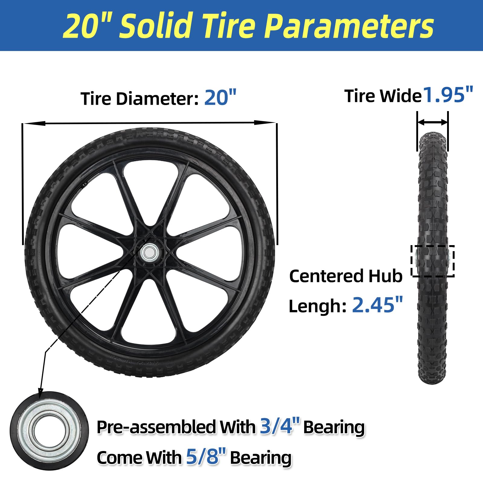 20" Flat Free Tire and Wheel, with 3/4" &amp; 5/8" Bearing, 2.45" Centered Hub, Replacement Wheel For Rubbermaid Wheelbarrow, Garden Yard Cart, 2 (Pack)