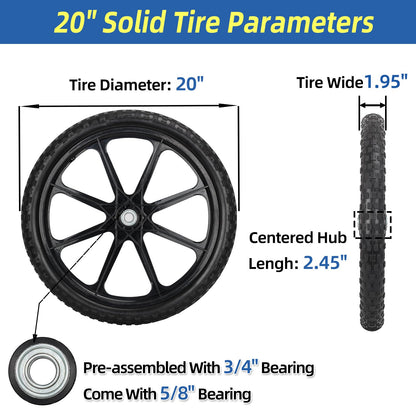 20" Flat Free Tire and Wheel, with 3/4" &amp; 5/8" Bearing, 2.45" Centered Hub, Replacement Wheel For Rubbermaid Wheelbarrow, Garden Yard Cart, 2 (Pack)