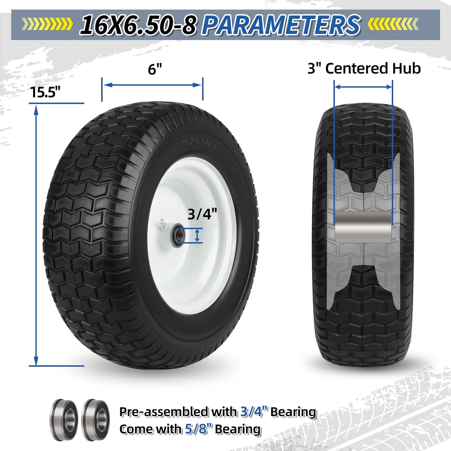 16x6.50-8 Flat Free Riding Lawn Mower Tire and Wheel, 2 Pcs 16x6.5-8nhs Garden Tractor Lawnmower Tyre, with 3/4" & 5/8" Bearing, 3" -4.5" Centered Hub