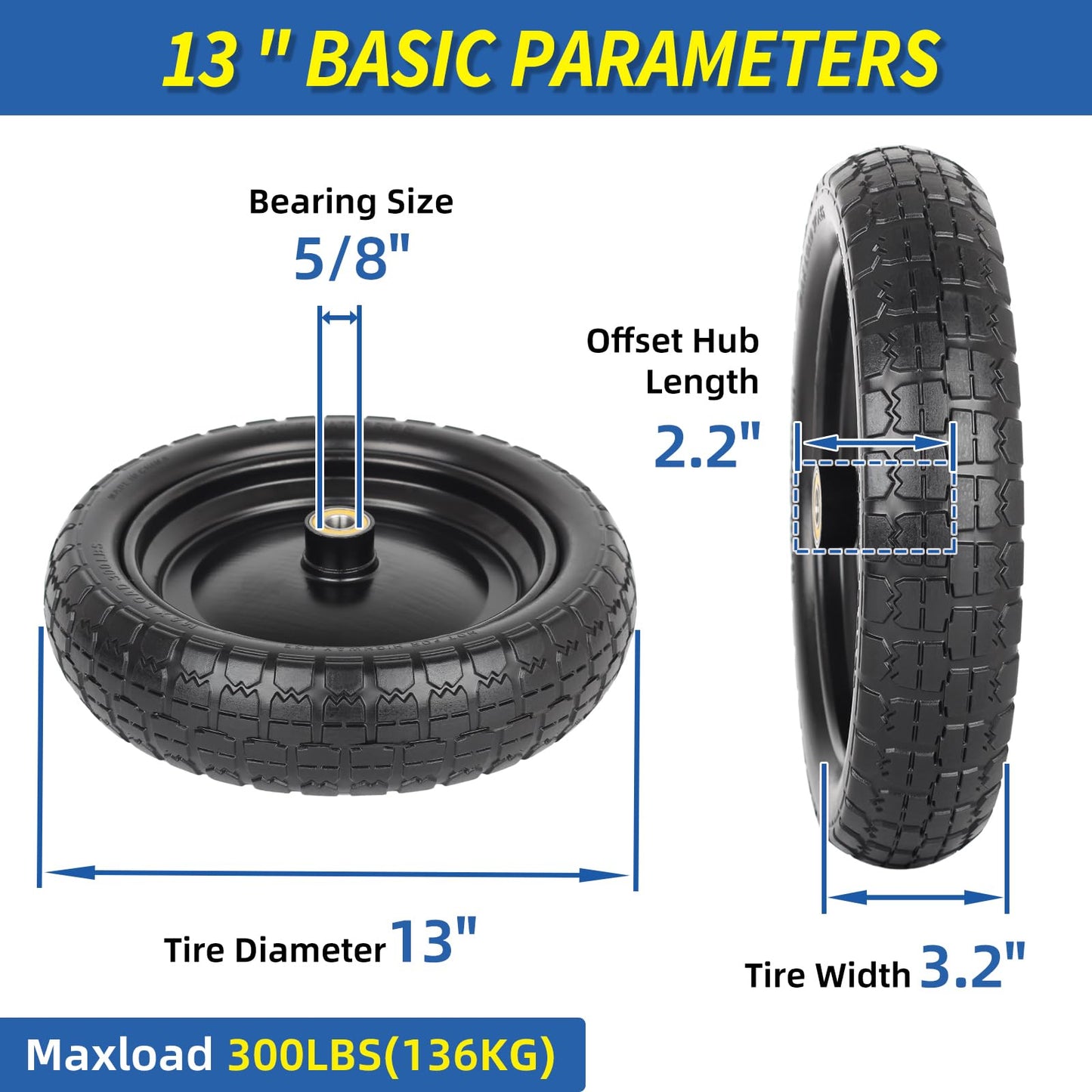 13" Flat-free Solid Tire and Wheel Replacement, with 5/8" Axle Bore Hole, 2.2" Offset Hub for Wheelbarrow Garden Wagon Trolley Dolly (4 pack)