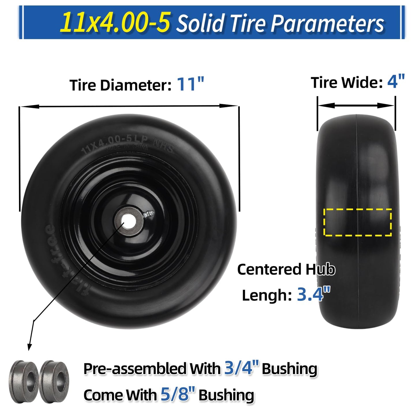 11x4.00-5” Flat Free Lawn Mower Tire and Wheel