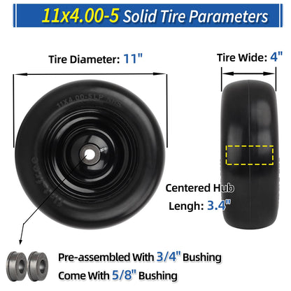 11x4.00-5” Flat Free Lawn Mower Tire and Wheel