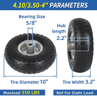 4.10/3.50-4" Flat Free Tire and Wheel, 10" Heavy Duty Solid Tire, 5/8" Axle Bore Hole, 2.2" Offset Hub, for Hand Truck Garden Cart Wagon Trolley Dolly, 2 Pack