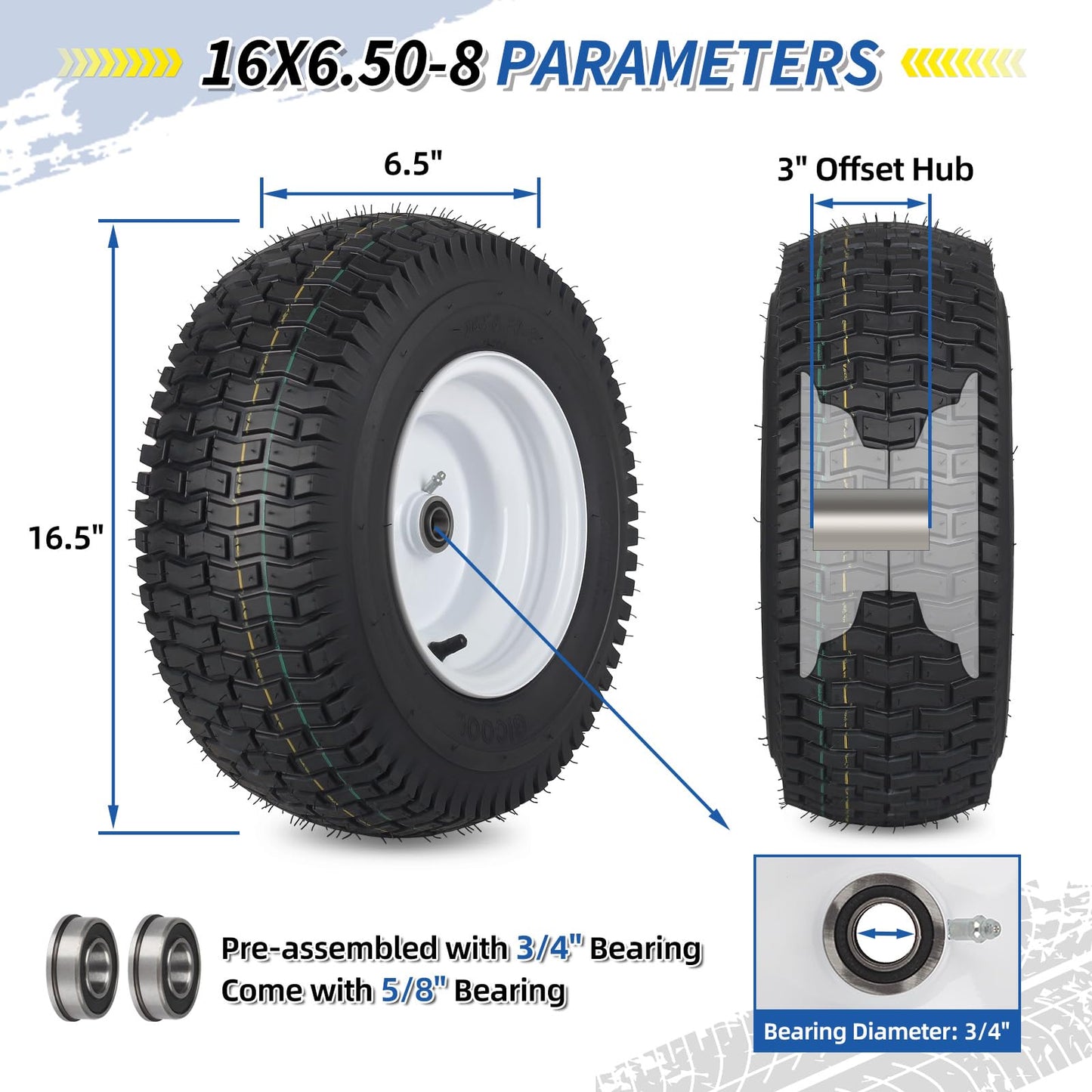 16x6.50-8 Tubeless Tire and Wheel, 16x6.5-8" Lawn Mower Tires, 3"-4.5" Offset Hub, 3/4" or 5/8" Bearing, Universal Fit Riding Mower and Garden Tractor Front Wheels, 4 Ply, Turf Pattern, 2 Pack