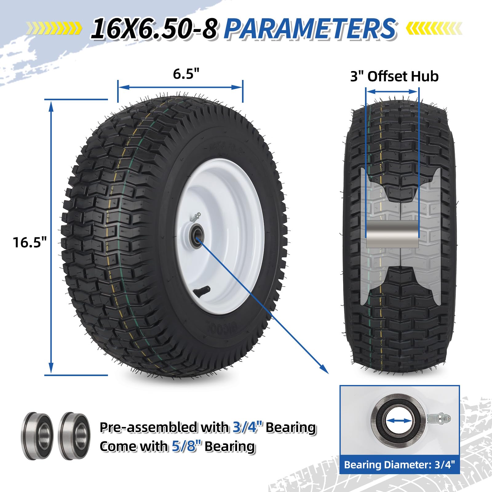 16x6.50-8 Tubeless Tire and Wheel, 16x6.5-8" Lawn Mower Tires, 3"-4.5" Offset Hub, 3/4" or 5/8" Bearing, Universal Fit Riding Mower and Garden Tractor Front Wheels, 4 Ply, Turf Pattern, 2 Pack