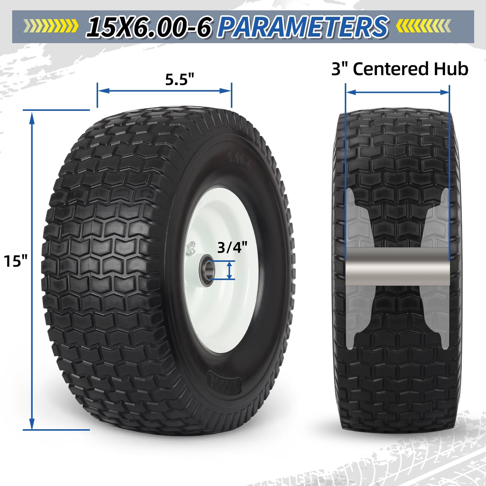 15x6.00-6 Flat Free Lawn Mower Tire and Wheel, 15x6-6nhs Riding Mowers Lawn Tire and Wheel with 3/4" Bearing, 3" Centered Hub, 2 Pack