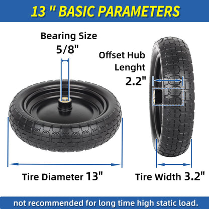 13" Flat-free Solid Tire and Wheel, 4.00-6 Wheelbarrow tire with 5/8" Axle Bore Hole, 2.2" Offset Hub, Compatible with Garden Wagon Trolley Dolly, (2 Pack)