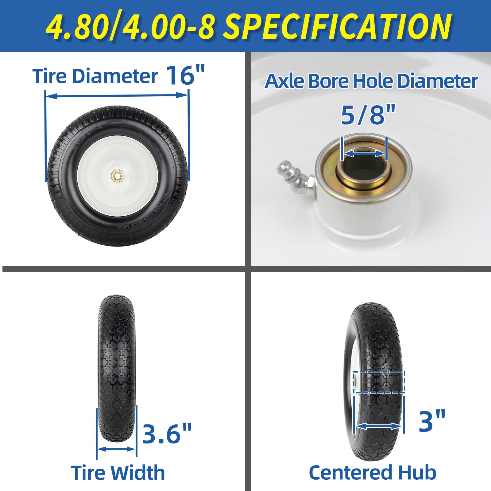 4.80/4.00-8" Wheelbarrow Tire, 16" Flat-Free Solid Tire and Wheel, 3" Centered Hub, 5/8" Axle Bore Hole,for Garden Wagon Cart Trolley Dolly Replacement(2 Pack)