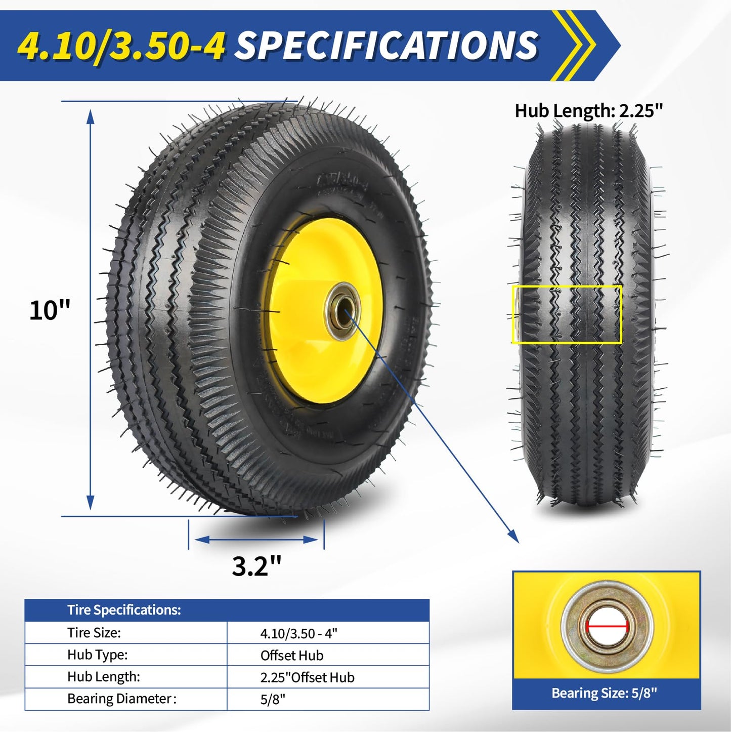 Upgrade 4.10/3.50-4 Rubber Tire and Wheel, with 2.25" Offset Hub, 5/8" Sealed Bearings, for Hand Truck Trolley Dolly Garden Wagon Wheel Replacement（2 Pack)